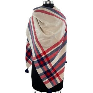 J.Crew Red White Blue Blanket Scarf Wool Tartan Plaid Tassel Around Neck NEW